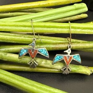 Vintage Unsigned Southwestern Navajo Turquoise/Coral Inlay Thunderbird Earrings